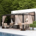 thumbnail image 4 of Gotland 10FTx14FT Outdoor Wall-Mounted Hardtop Pergola, Metal Frame Gazebo with Sloping Sun Panel Roof and Double Curtains for Patio, Garden, Lawn, Khaki, 4 of 8