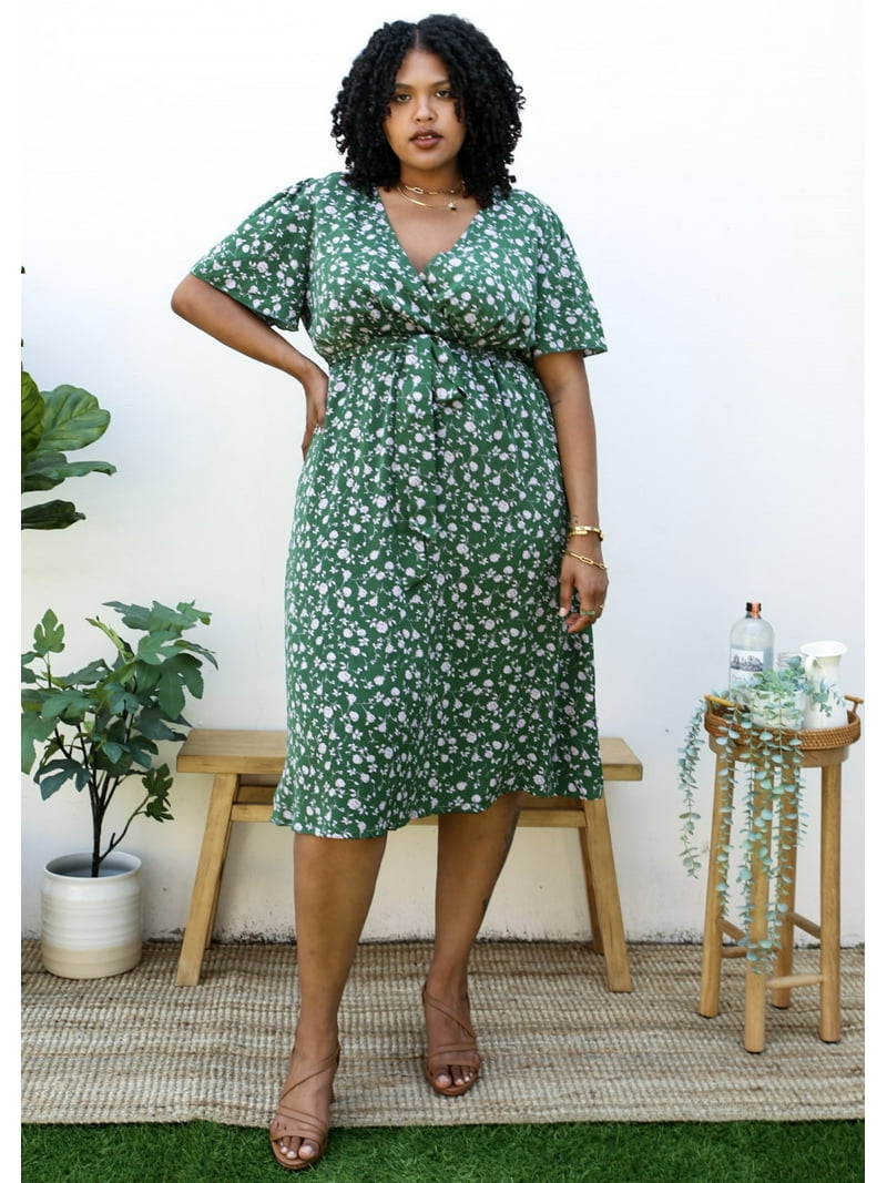 Plus Size Green Maxi Dress with White Floral Print,Green,1X-Large -  Walmart.com