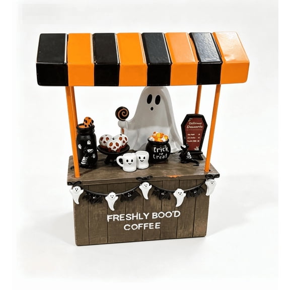 Halloween Ghost Coffee Shop Resin Figurine,Freshly Boo'd Mini Ghost Coffee Cart Tabletop Statue,Spooky Dessert Stall with Ghost Mug Pumpkin Candy for Mantel Shelf Home Party Halloween Decoration