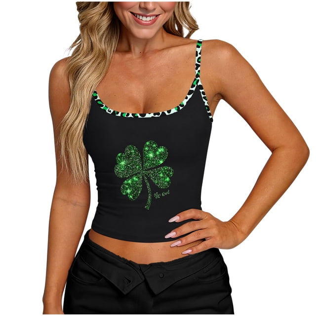 TaTaai Women's Summer St. Patrick's Top Sleeveless V-Neck Green Print Camisole Casual Crop Vest Irish Holiday Tank Gift