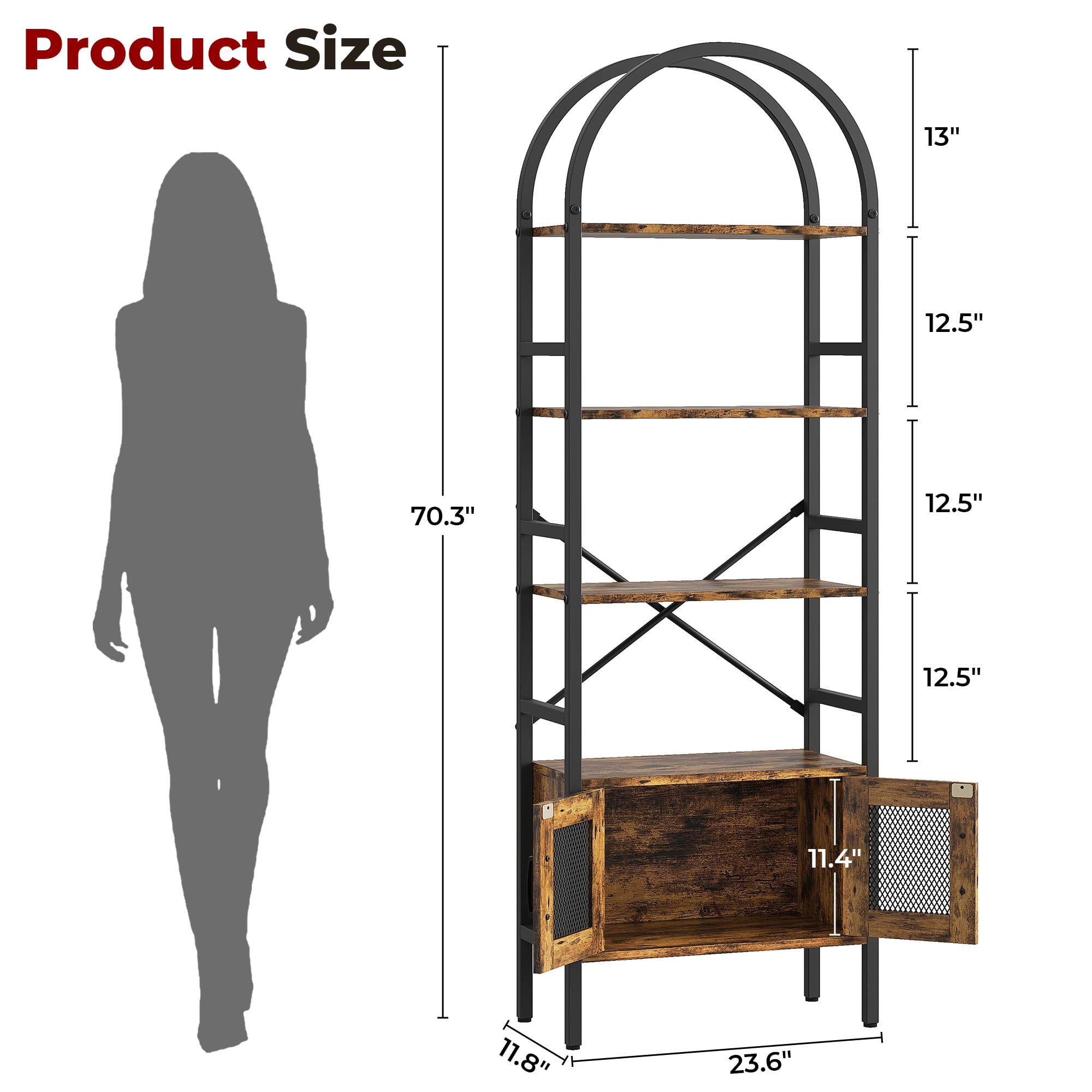 IRONCK 70.3" Tall Arched Bookshelf, 4-Tier Open Display Bookcases with Door Cabinet, Industrial Style Metal Storage Rack, Brown