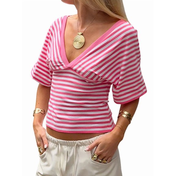 Gynyvoja Women'S Reversible V-Neck Short Sleeve Striped Fitted Cropped T-Shirt Pink L