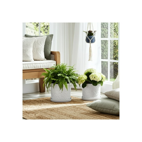 Decorative Scallop Design Planters - Plant Pots with Saucers for Indoor and Outdoor Plants, Succulents, or Herbs - Stylish Flower Pots for Home Decor or Plant Stand Indoor - Set of 2, 12", White
