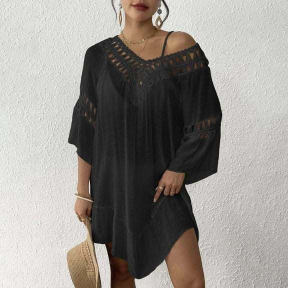 Women's Crochet Beach Bikini Cover Up Dress Sexy Backless V Neck With Fringe Detail Floral Patchwork Vacation Dress Swimsuit Cover Ups Bathing Suit Cover up Women plus Size Womens Pool Cover up Long