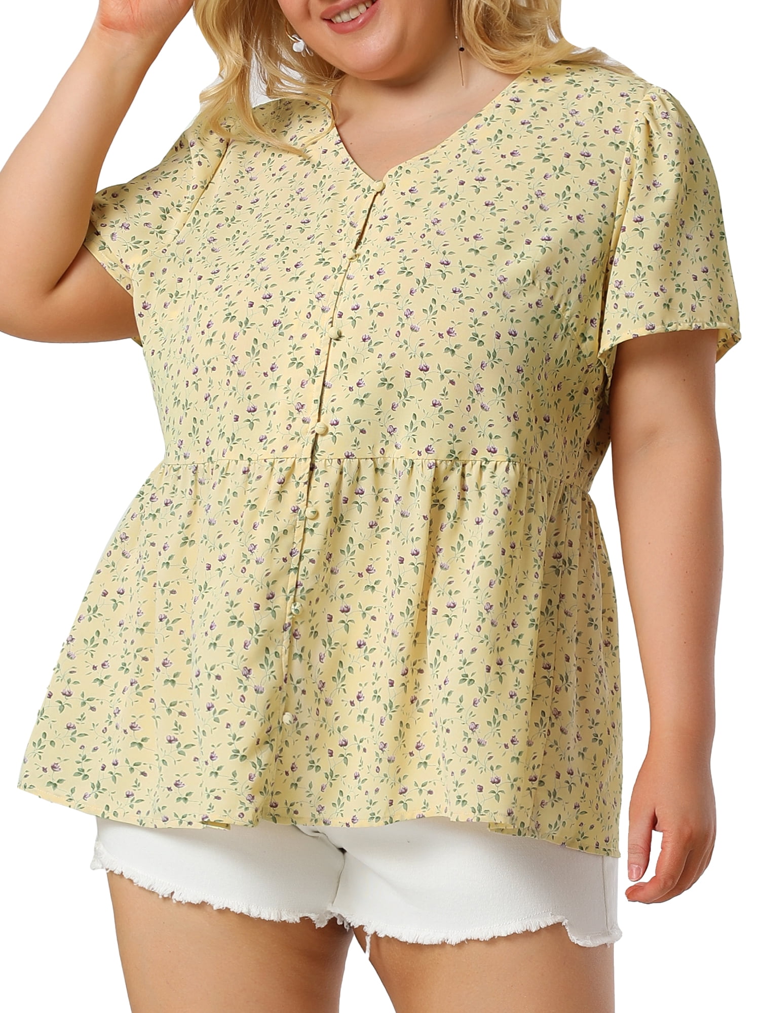 Agnes Orinda Juniors' Plus Size V Neck Ruffle Hem Short Sleeve Cinched Waist Floral Peplum Top