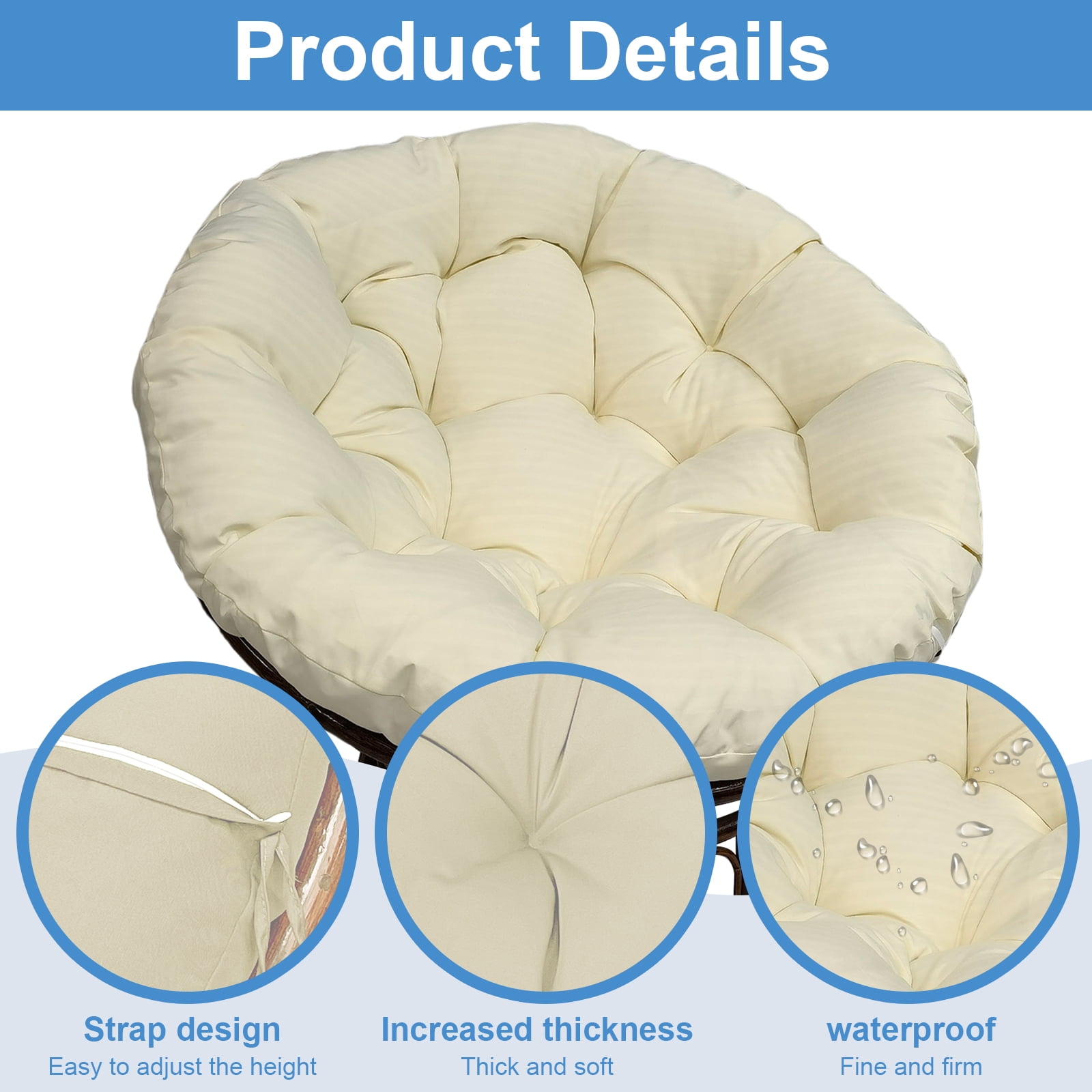 JOVELL 48 Inch Papasan Cushion Replacement, 5" Thick Waterproof Round Chair Pad, Fade & UV Resistant Indoor Outdoor Patio Seat Cushion, Beige