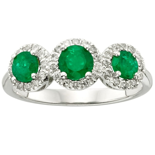 Round Cut 3 Stone Gemstone and 0.19 CT. T.W. Halo Diamond Ring in 14K Gold