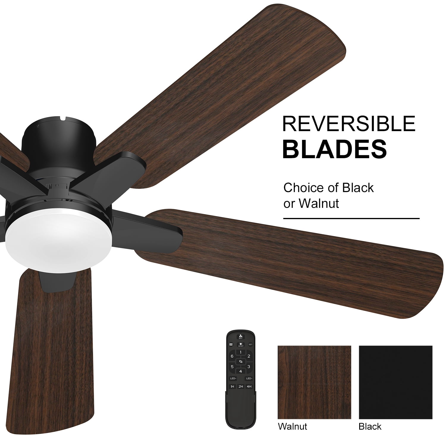 Manistays 52 inch Hugger Ceiling Fan with LED Light, Remote Control, 6 Speeds, 4 Blades, Black
