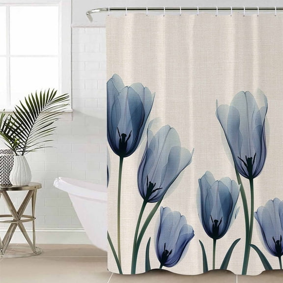 Spring Floral Waterproof Fabric Shower Curtain, Blue Tulip Summer Botanical Rustic Shower Curtain for Bathroom Curtains Bathtubs Hotel Washable Shower Curtains with 12 Hooks Stall 54x78in