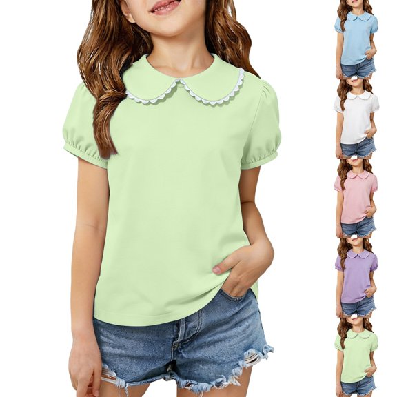 jiaxiM Toddler Baby Girls Peter Pan Collar Blouse Kids Girl Solid Color Puff Sleeve T-Shirts Casual Tee Tops