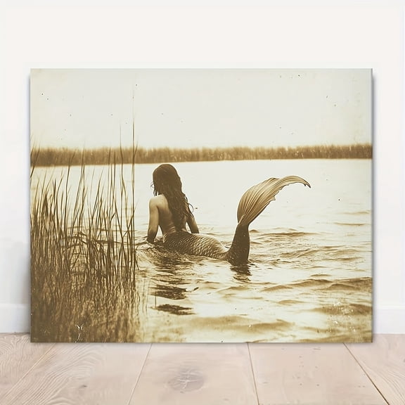 2D Flat, 1pc Mermaid Canvas Wall Art - Sepia Tone Nautical Coastal Decor, Wood Framed Wrapped Canvas Print, Mythical Ocean Theme Artwork for Living Room, Bedroom,