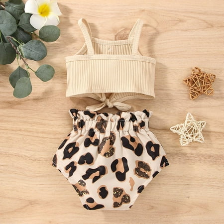 

nsendm Girls Sleeveless Ribbed Vest Tops And Bowknot Leopard Prints Shorts Outfits Autumn Baby Girl Clothes Childrenscostume Beige 12-18 Months