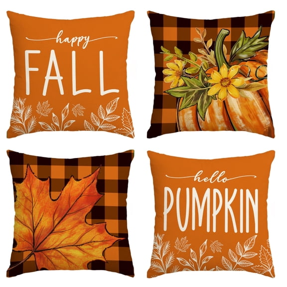 Sm:)e Set of 4 Fall Pillow Covers 18x18 Inch - Autumn Decorative Throw Pillowcases with Maple Leaf and Pumpkin