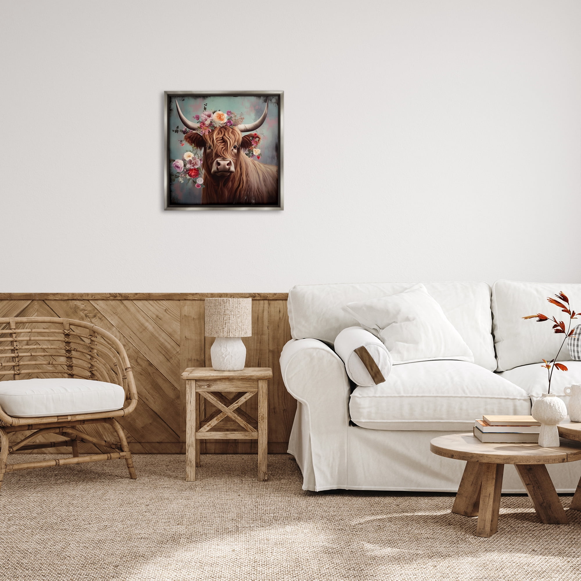 Stupell Industries Cow with Vintage Florals Animals & Insects Painting Gray Floater Framed Canvas Art Print Wall Art, 25 x 25