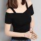 thumbnail image 2 of Camiseta sexy de verano para mujer, negra, con tirantes en forma de L, manga corta, cuello de una palabra, top moderno, estilo casual cómodo, tejido de poliéster, 2 of 5