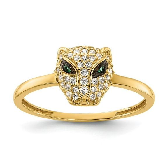 Auriga Fine Jewelry 10K Yellow Gold Polished Clear and Green CZ Lioness Head Ring for Women Size 7