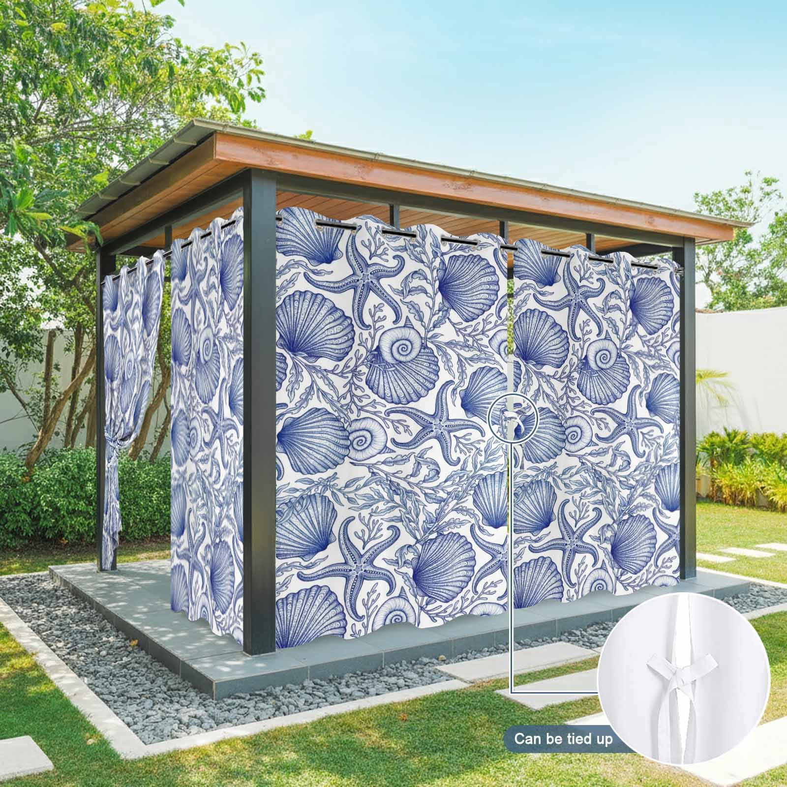 Vintage Blue Ocean Outdoor Curtains for Patio, Summer Country Nautical Sea Shell Starfish Coral Sunshade Privacy Drapes Grommet Waterproof Outside Curtains for Porch/Cabana/Balcony 54"x 108", 1 Panel