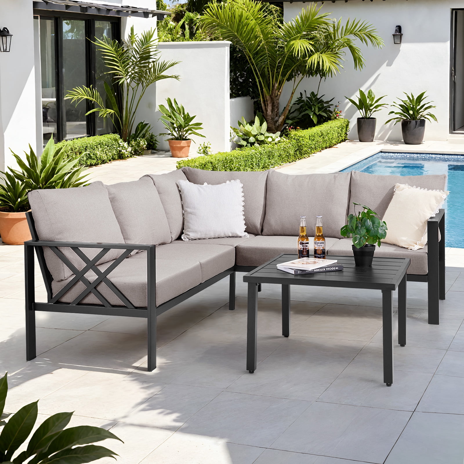 Onbrill Patio Furniture Set, 6 Pcs L-Shaped Metal Outdoor Sofa W/5.5" Cushion, Coffee Table, Grey