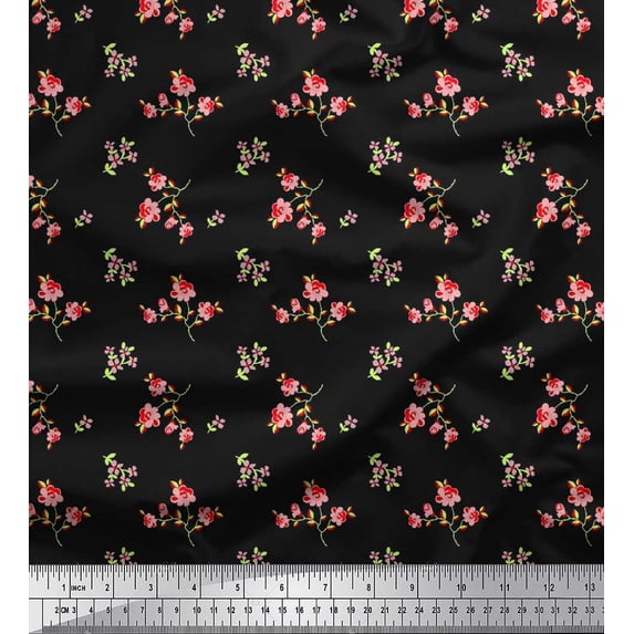 Soimoi Cotton Cambric Fabric Leaves & Floral Artistic Printed Fabric 1 Yard 42 Inch Wide