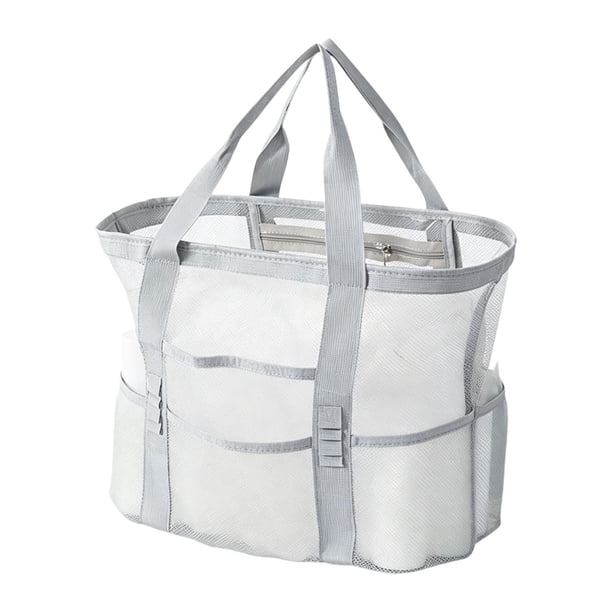 Bolso de playa de malla, bolsa de almacenamiento de red, bolso de mano para artículos esenciales de vacaciones en piscina, natación y viajes. Gris