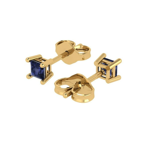 0.5 Ct Princess Cut Studs Blue Sapphire 14K Yellow Solid Solid Gold Everyday Dainty Earrings Push Back