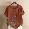 thumbnail image 2 of LEKWK Plus Size Womens Linen Blouse Lavender Flower Print Basic Tees Short Sleeve Cute Tops Side Button Crew Neck Garden Nature Outfits, 2 of 5
