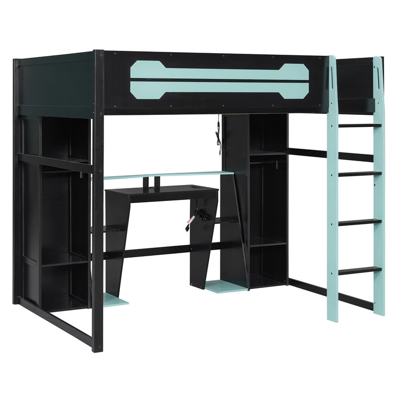 Full Size Wooden Gaming Loft Bed with Desk, RGB LED Lights, USB Charging Station, Wardrobe and Storage Cabinets, Space-Saving Loft Bed Frame with Workstation for Bedroom