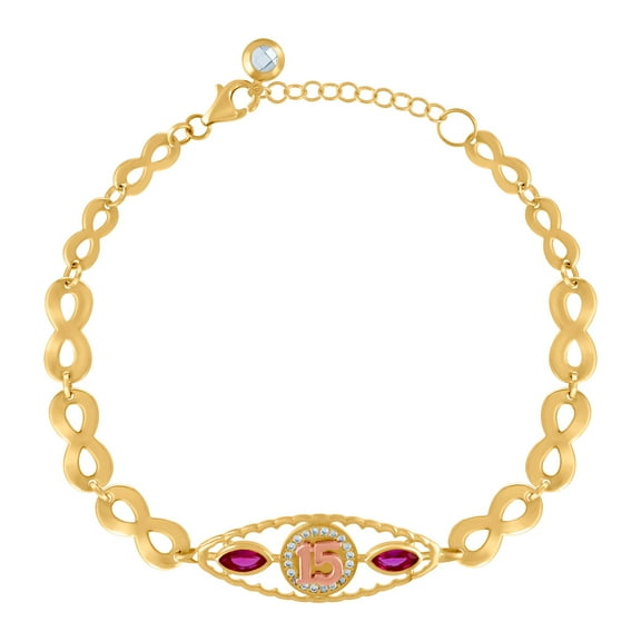 10k Two-tone Gold Womens Purple White Cubic Zirconia Quinceanera 15 Charm Bracelet 8 Inch 11.8mm Wide Charm Bracelet for