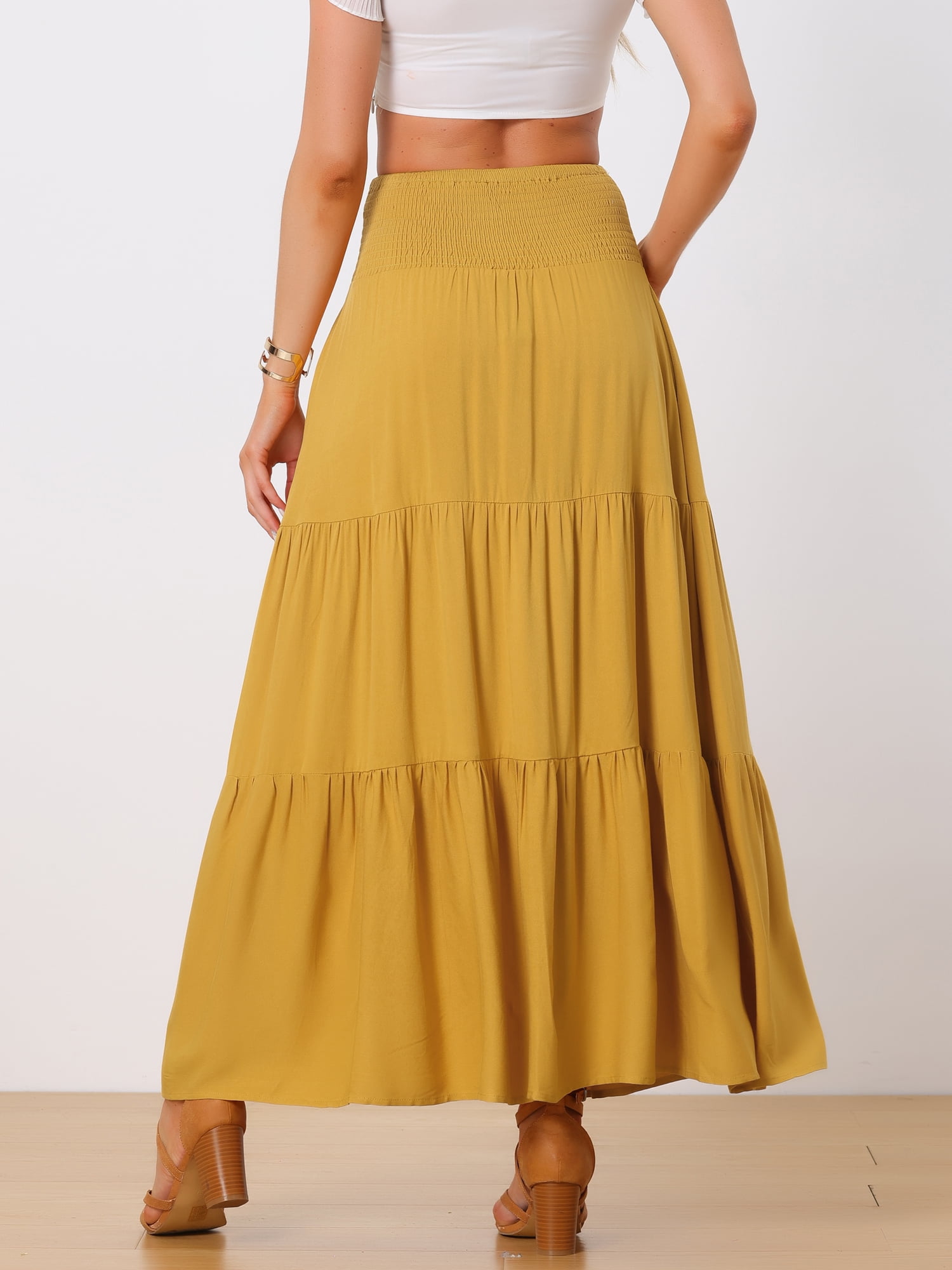 DARING DIVA Women Casual Elastic Waist Flowy Boho Summer Maxi Skirt L Yellow