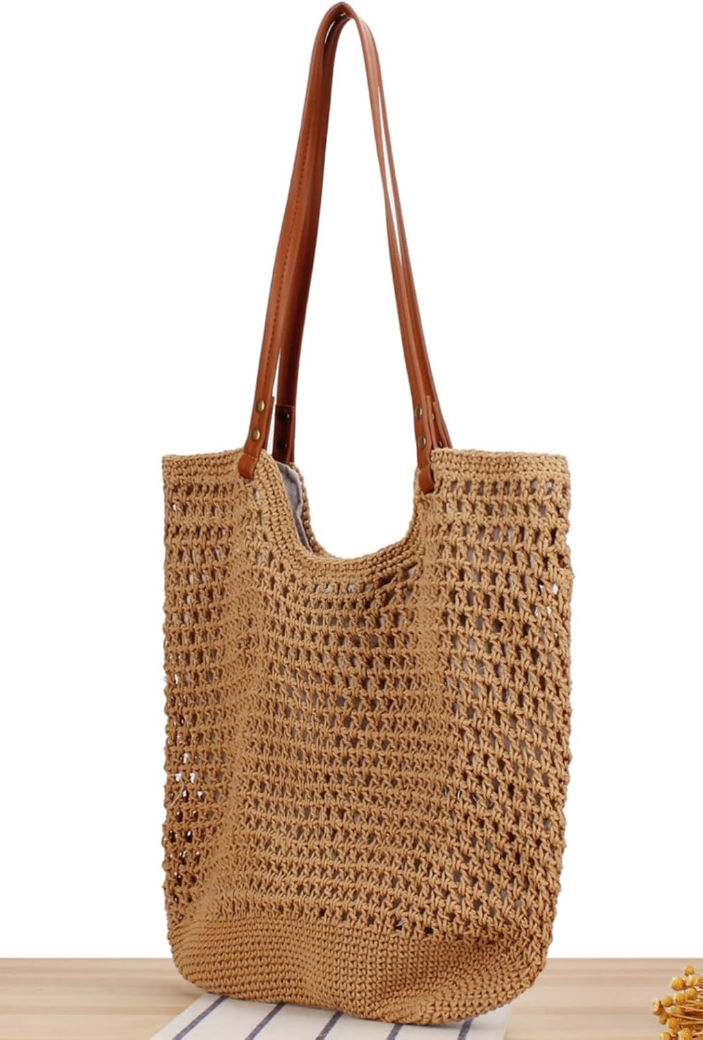 Zhengup Beach Tote Bag Women Summer Purse Crochet Handbag Cotton Knit Woven Shoulder Bag Soft Handmade Mesh Boho Travel Vacation