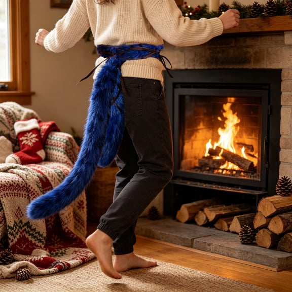 75in Christmas Furry Tail Garland, Fluffy Plush Faux Fur Hanging Ornament for Holiday Party Mantel Wall Door Decor, Soft Winter Festive Home Decoration for Fireplace Stair Railing Backdrop, Blue