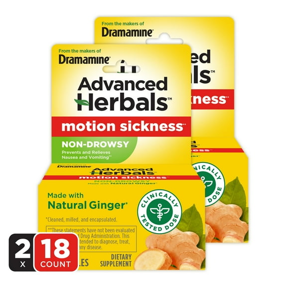Advanced Herbals by Dramamine, Non-Drowsy Motion Sickness Relief, with Natural Ginger, 18 Count, 2 Pack