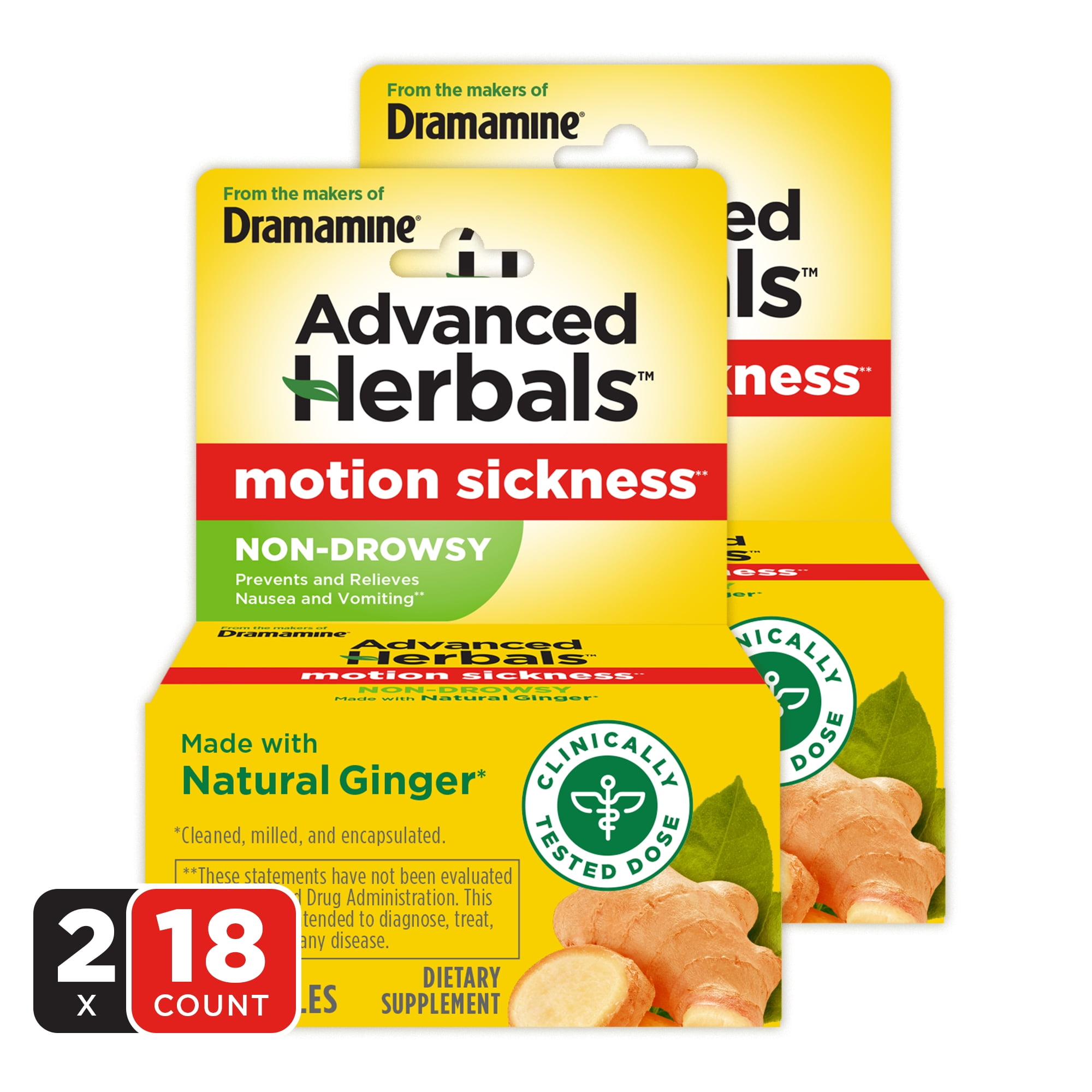 Advanced Herbals by Dramamine, Non-Drowsy Motion Sickness Relief, with Natural Ginger, 18 Count, 2 Pack