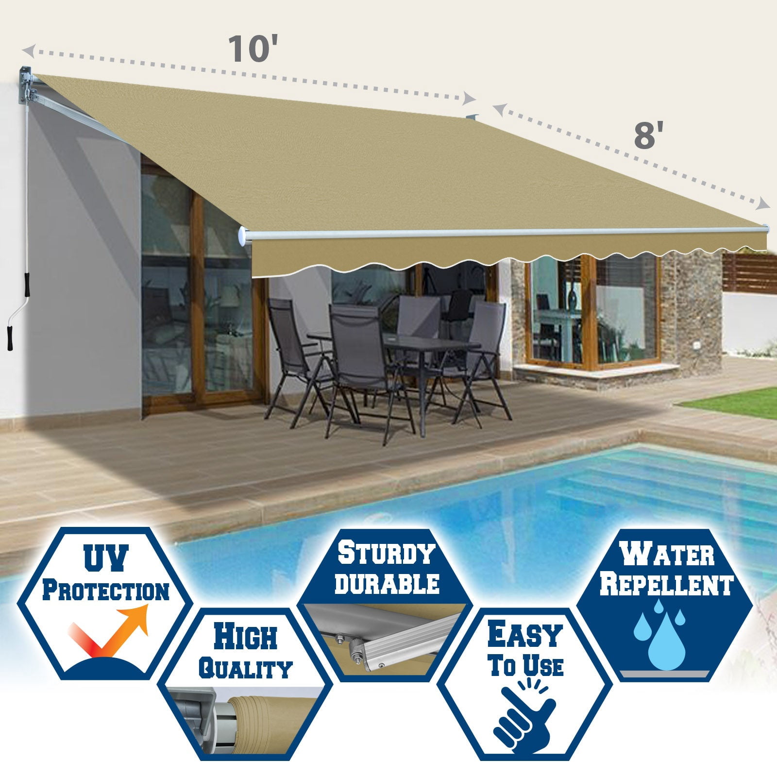 SUNNYOUTDOOR 10x8 FT Patio Awning Retractable Outdoor Sun Shade Manual Patio Deck Awning Heavy Duty Awning (Beige)
