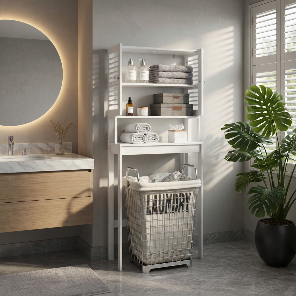 Hommoo Over the Toilet Storage Cabinet with Adjustable Shelf, Double Louvered Doors, MDF Bathroom Organizer for Small Spaces, White