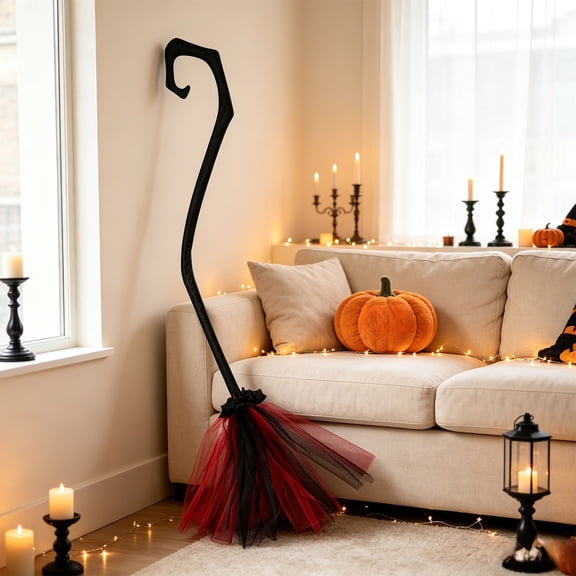 Halloween Witch Broomstick Prop 38.2 Inch Detachable Handle with Mesh Tail Decoration for Cosplay Costume Party Favors Trick or Treat Stage Performance Home Wall Decor Gift for Kids Adults