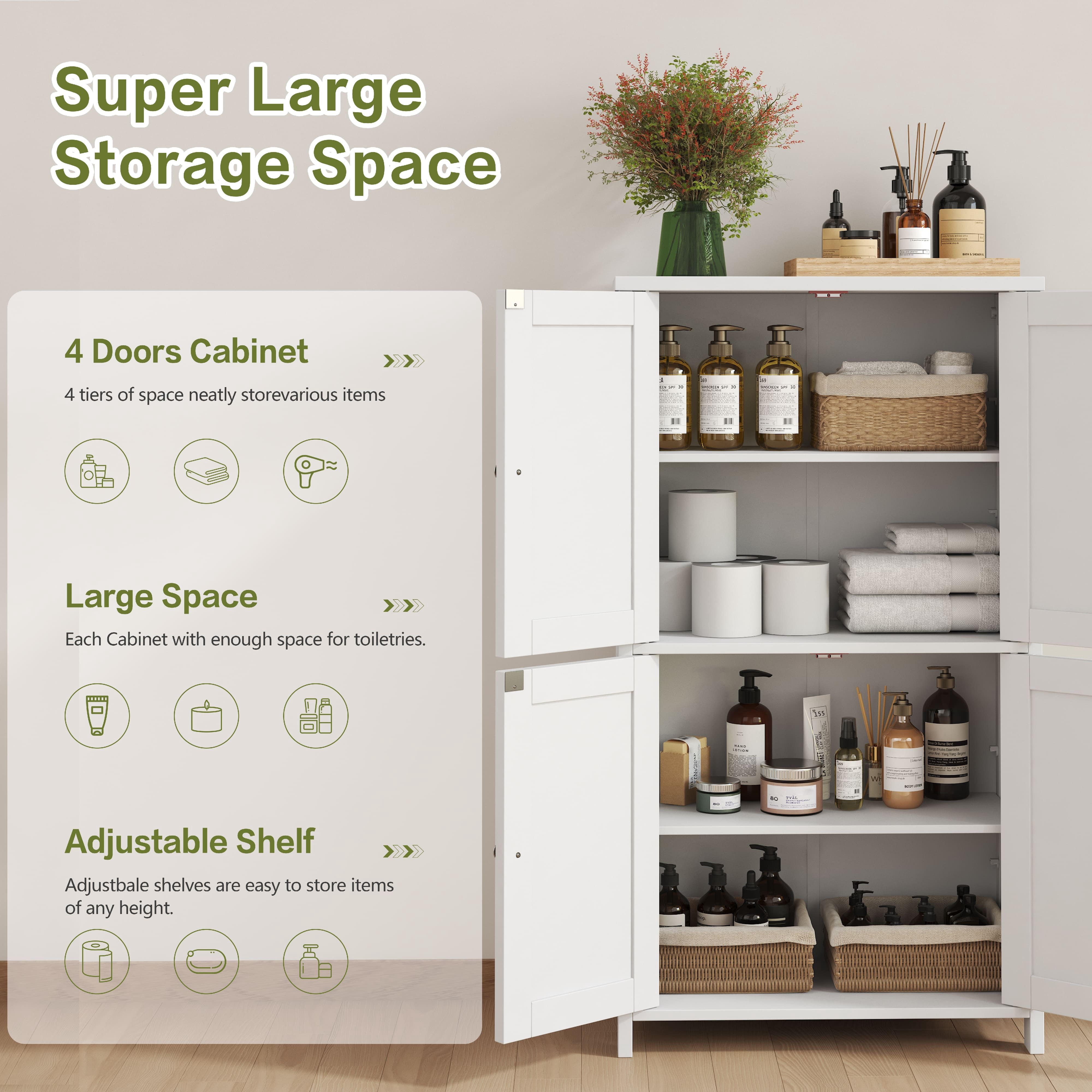 Walsunny Bathroom Storage Floor Cabinet Organizer with Adjustable
