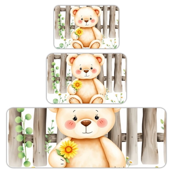RKSupls Kitchen Rug Set 3 Piece Anti-Slip Flannel Floor Mats, Cute Bear Sunflower Washable Absorbent Runner Mats for Kitchen Bathroom Home Decor