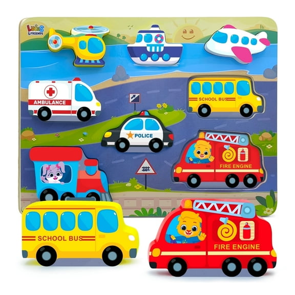 Lucas & Friends Jumbo Wooden Vehicle Puzzles Toys for Toddlers 2-4, Montessori Puzzle Board