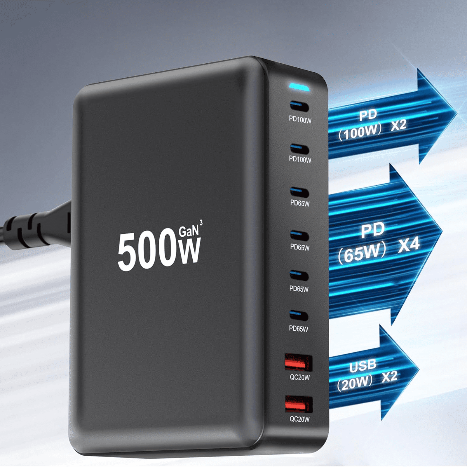 500W GaN 10-Port USB Type C Charging Station, 100W PD3.0 + QC3.0 Fast Charger Hub for Laptop, Phone, Tablet, Smartwatch - Safe & Reliable