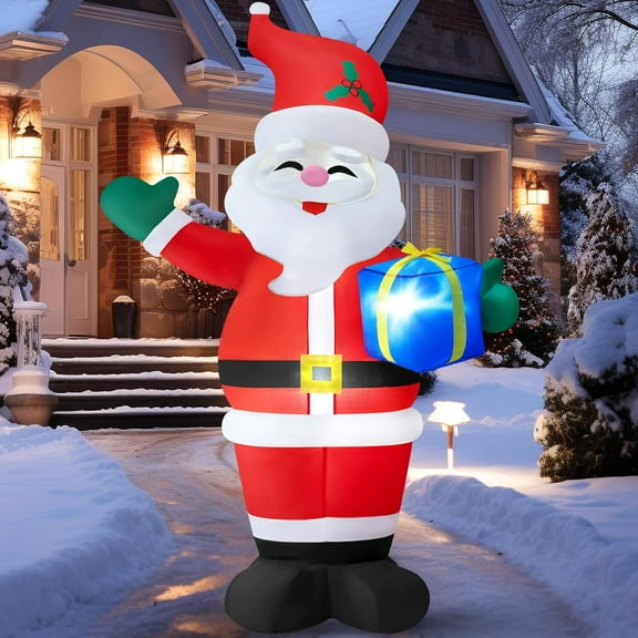 8FT Christmas Inflatables Santa Claus Outdoor Decorations, Blow up Inflatables Smiling Santa Holding Gift Box with Built-in LED Lights for Xmas Holiday Party Garden Decor