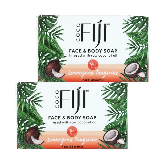 Coco Fiji Soap Bar for Face and Body Infused With Organic Coconut Oil, Lemongrass Tangerine Essential Oil, Natural Soap for Moisturizing & Pore Purifying Skin, 7 oz, Pack Of 2