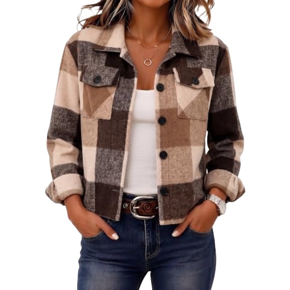 Flannels for Women Cropped Shacket Jacket Fashion Plaid Fall Coat XL