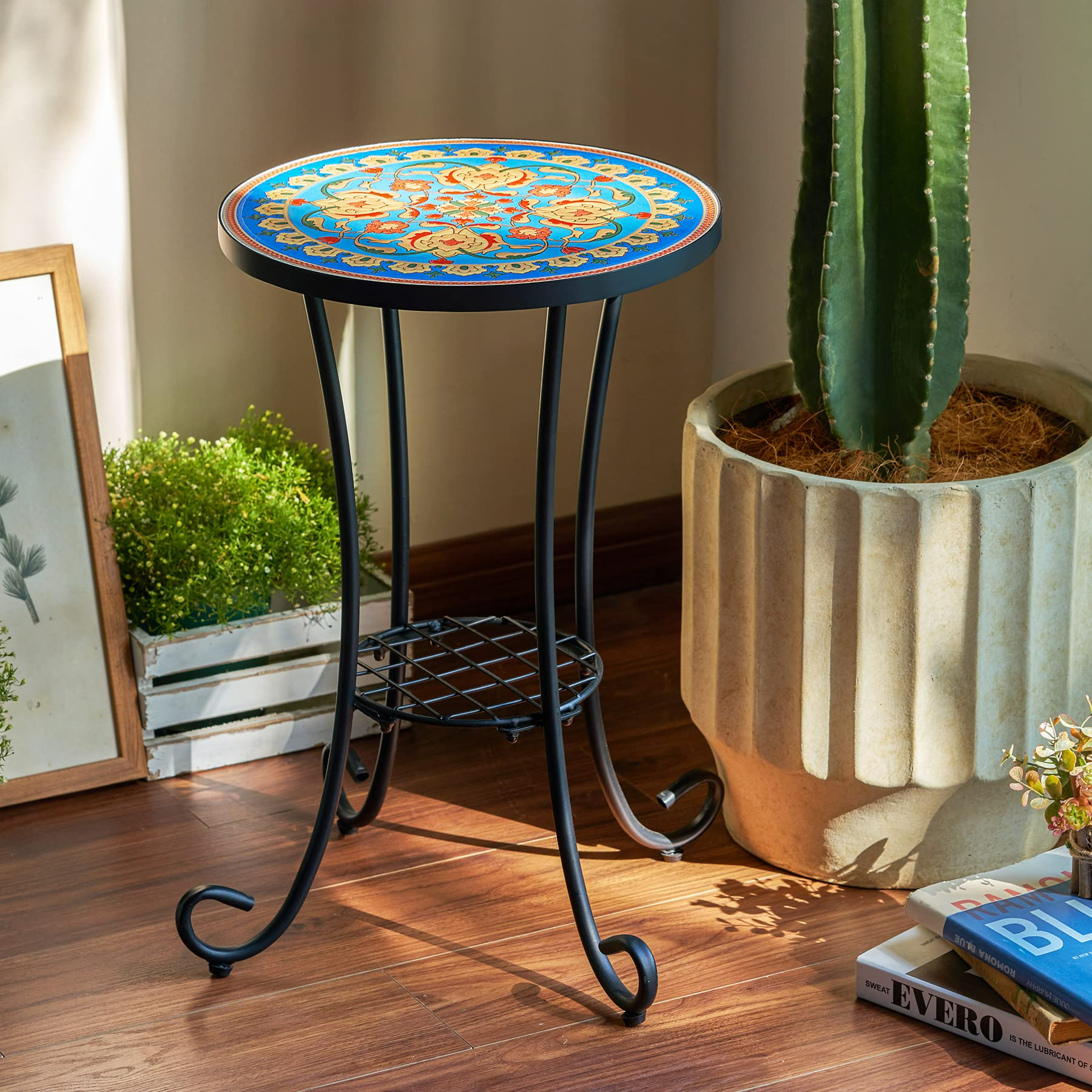 Outdoor Mosaic Side Table and Plant Stand, 21" H End Table with 14" Dia Ceramic Tile Top, Indoor and Outdoor Accent Table for Garden, Yard or Lawn
