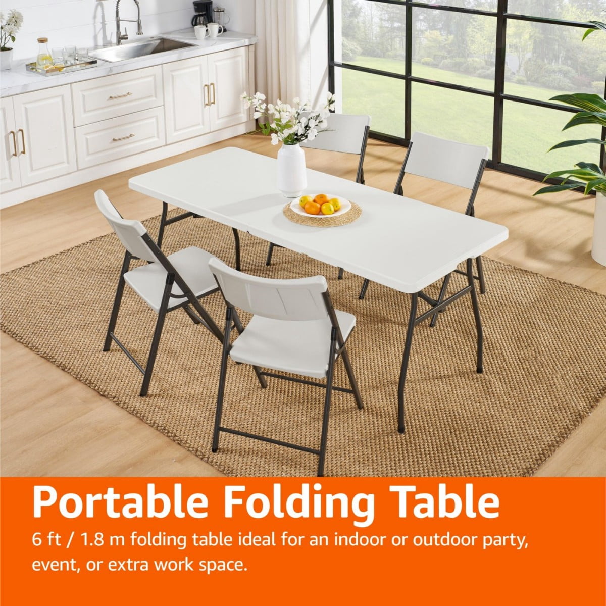 6 ft Folding Table, Heavy Duty Portable Table with Carrying Handle, Fold-in-Half Design, Indoor Outdoor Party, Event & Work Table, White