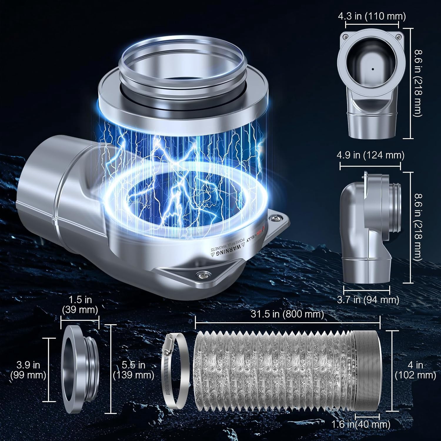 Magnetic Dryer Vent Coupling DV180 Quick Connector Easy to Clean Airtight Seal Dryer Vent Connector Kit Including a 2.6ft 4" Duct and two Clamps