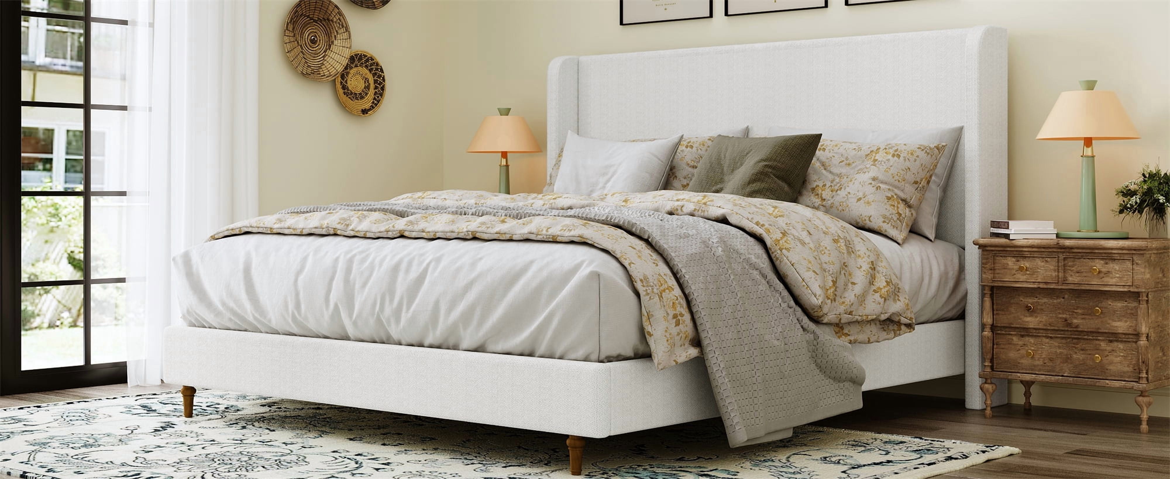 King Size Bed Frame High Headboard Upholstered Platform Bed, Retro Simple Style Platform Bed No Box Spring Needed, Easy Assembly, Ivory