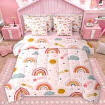 Homewish Girly Pink Cartoon Twin Bedding Sets 7-Piece, Kawaii Rainbow Cloud Bedding Comforter Set, Mystic Astrology Stars Reversible Sheet Sets, Luxury Bedroom Decor
