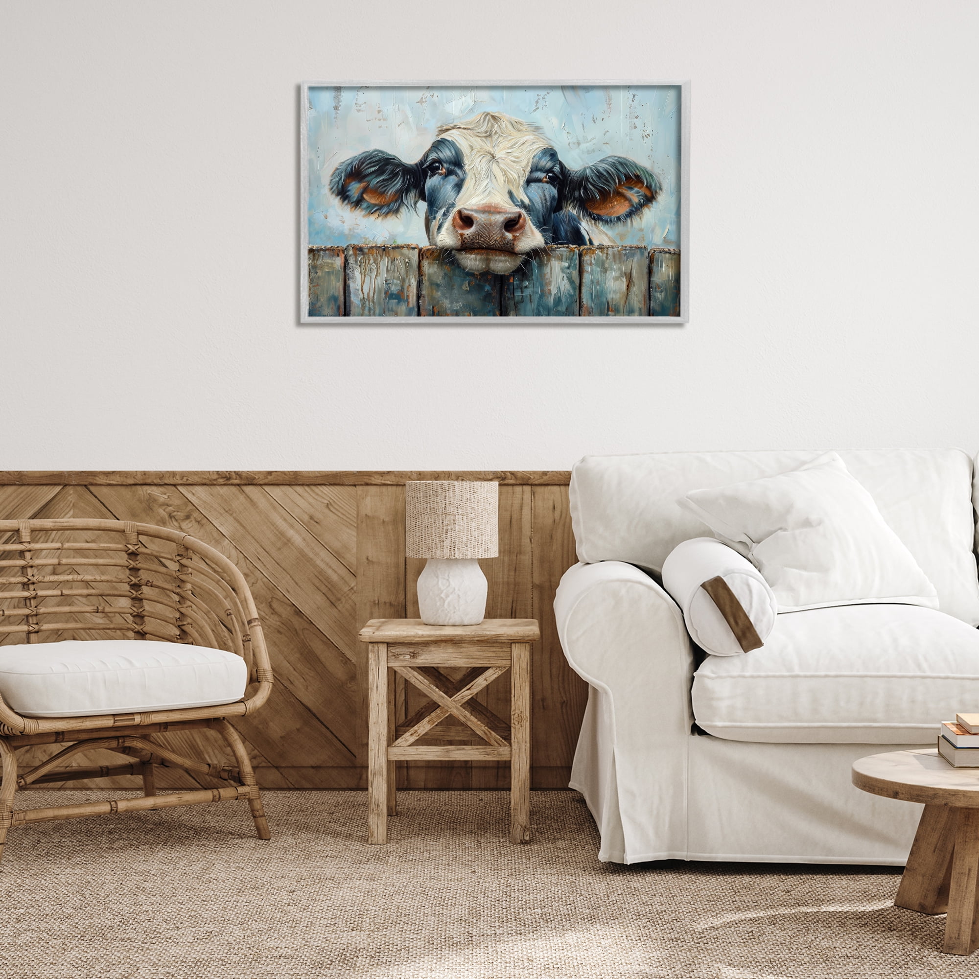 Stupell Industries Howdy Neighbor Cow Animals & Insects Painting Gray Framed Art Print Wall Art, 30 x 20