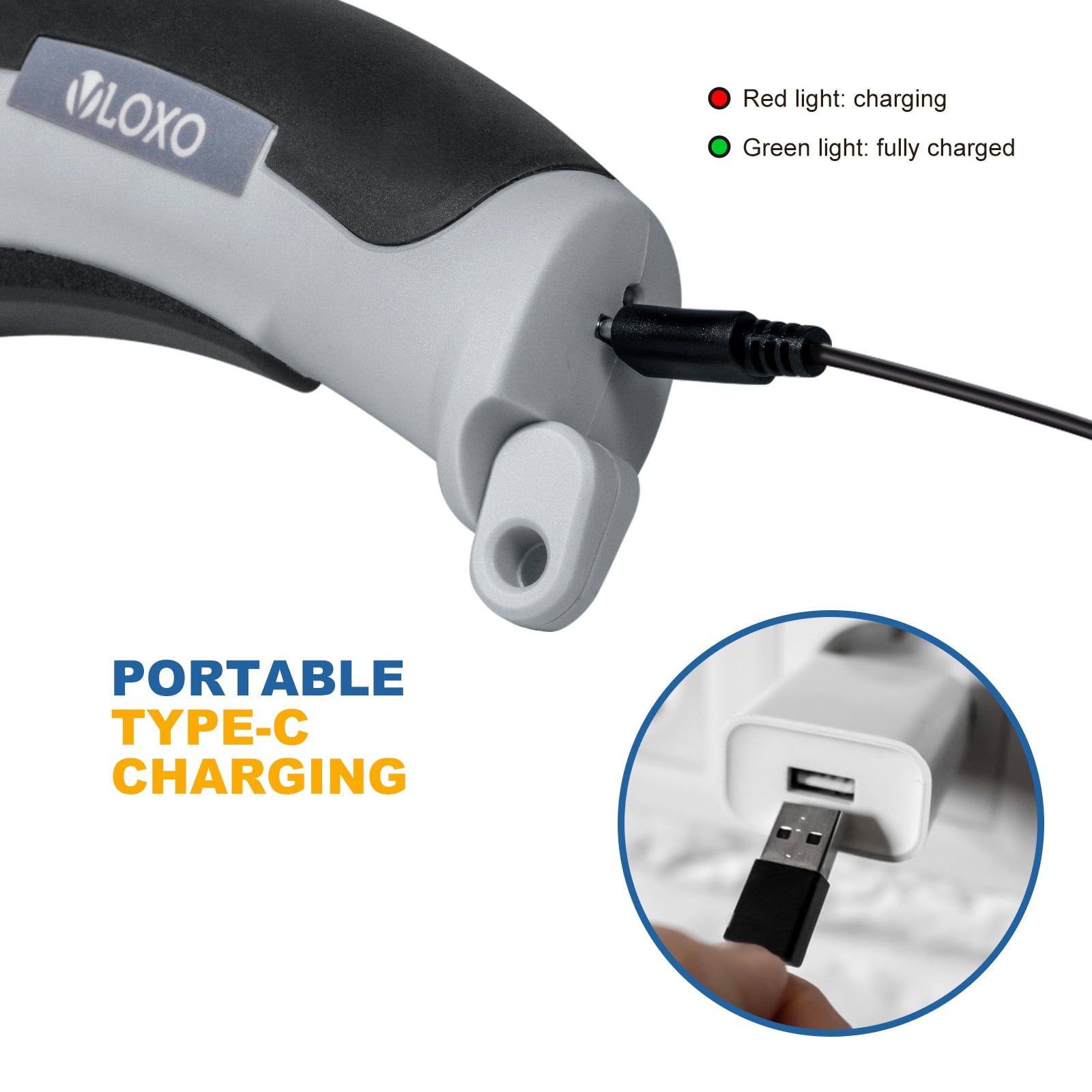 VLOXO Cordless Cardboard Cutter, Electric Scissors with Safety Lock 4.2V Power Box Cutter Multi-Cutting Tools, Rechargeable Electric Scissors for Cardboard Leather Carpet with Storage Box Grey